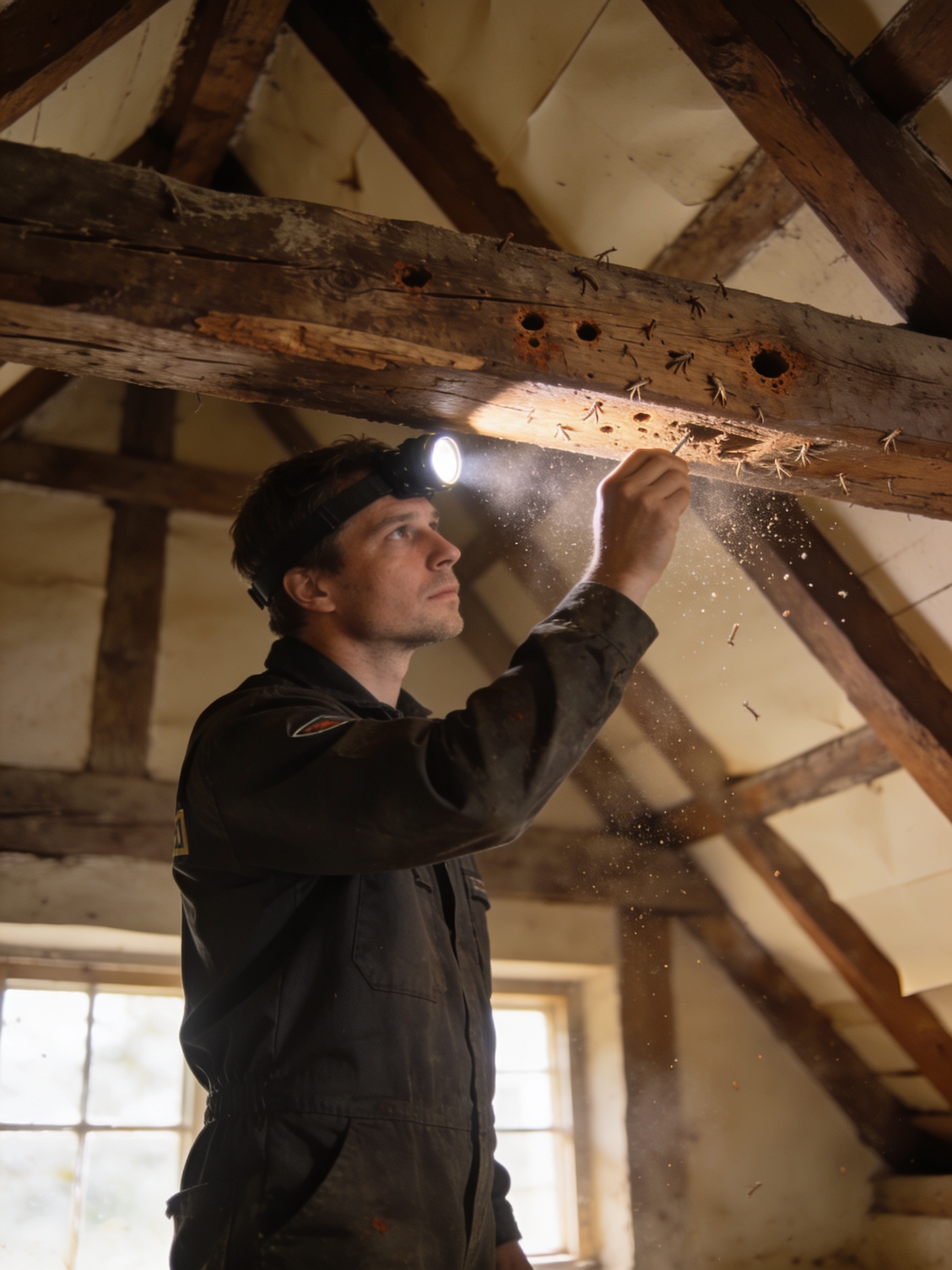 Schädlingsbekämpfer untersucht historisches Dachgebälk in einem Fachwerkhaus in Bruchsal